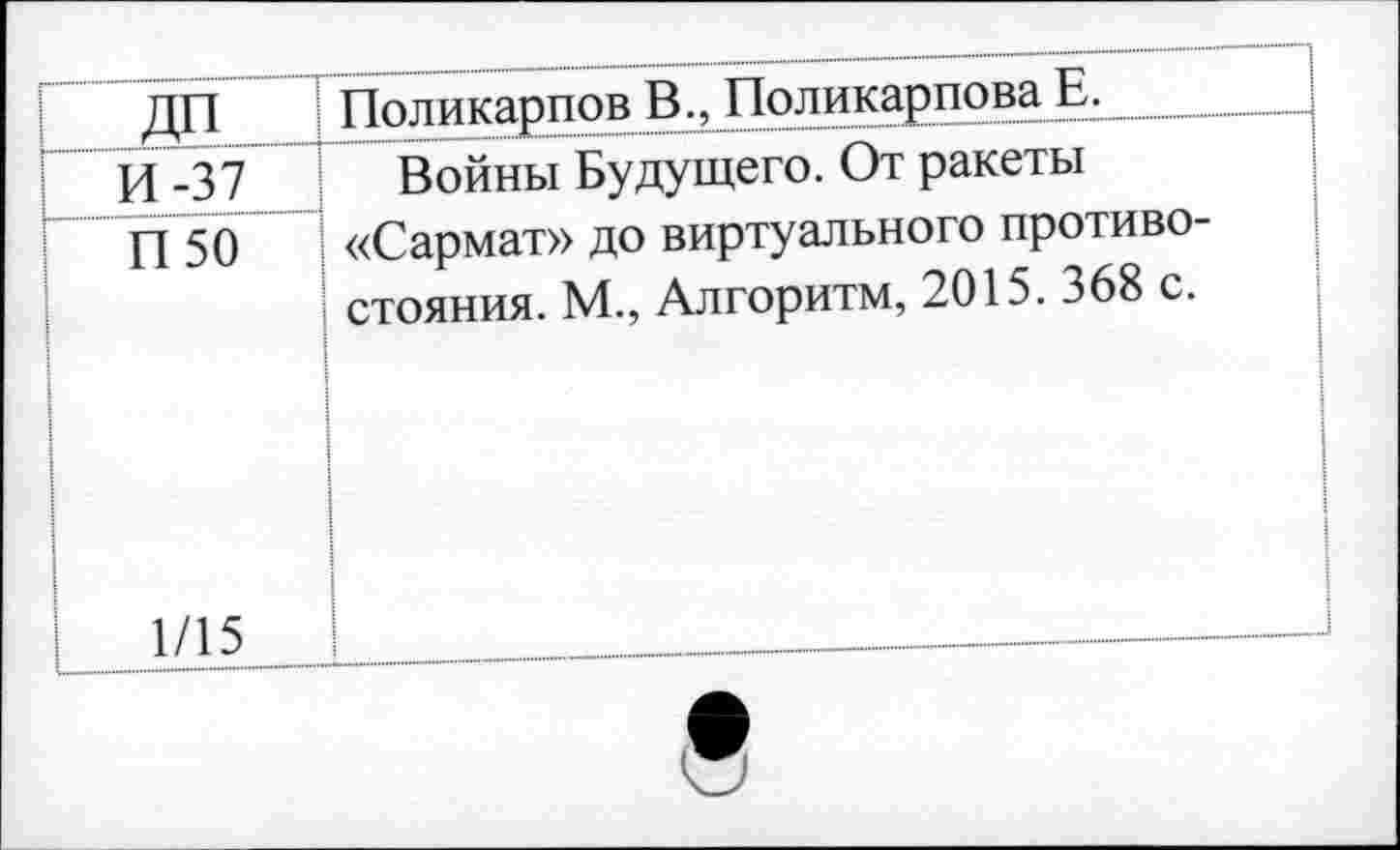 ﻿до	Поликарпов В.. Поликарпова Е.
И-37	Войны Будущего. От ракеты
П50	«Сармат» до виртуального противо-стояния. М., Алгоритм, 2015. 368 с.
1/15 .. 			